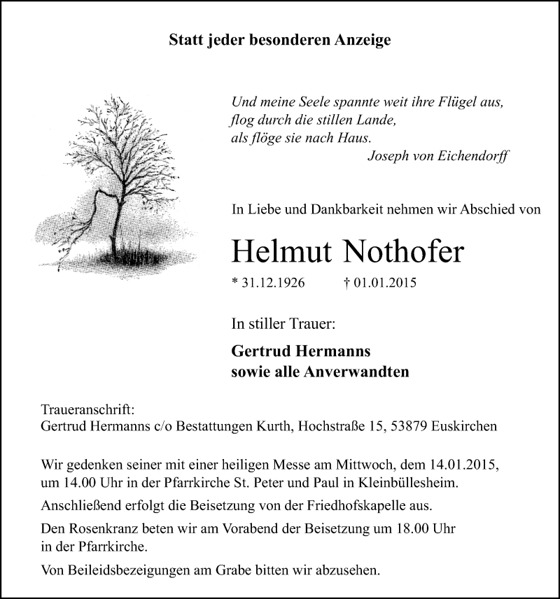  Traueranzeige für Helmut Nothofer vom 11.01.2015 aus  Blickpunkt Euskirchen 