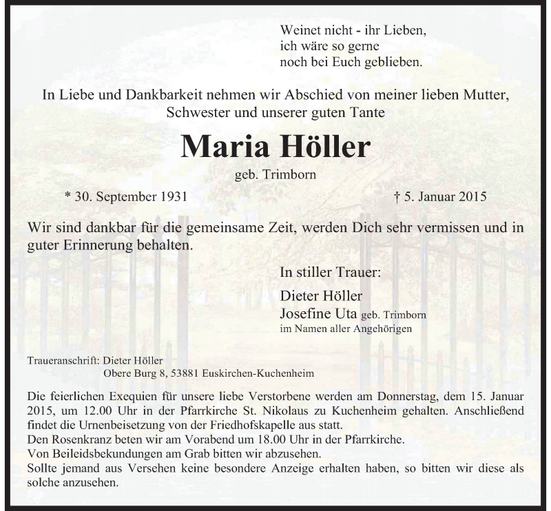  Traueranzeige für Maria Höller vom 11.01.2015 aus  Blickpunkt Euskirchen 