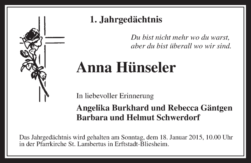  Traueranzeige für Anna Hünseler vom 14.01.2015 aus  Werbepost 