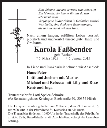 Anzeige von Karola Faßbender von  Wochenende 