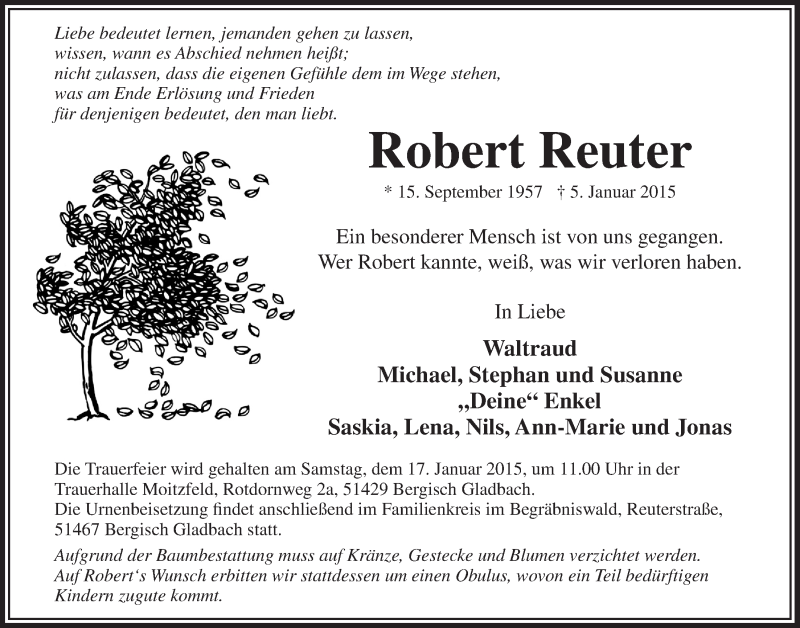  Traueranzeige für Robert Reuter vom 14.01.2015 aus  Bergisches Handelsblatt 