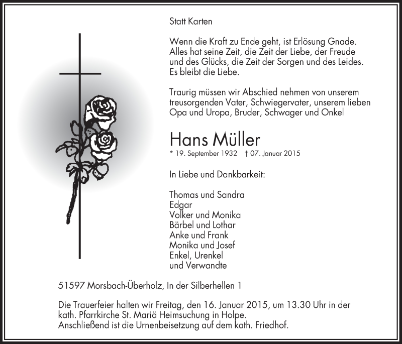  Traueranzeige für Hans Müller vom 14.01.2015 aus  Lokalanzeiger 