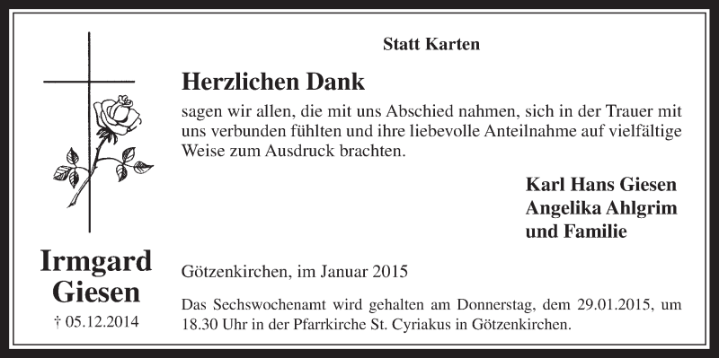  Traueranzeige für Irmgard Giesen vom 14.01.2015 aus  Werbepost 