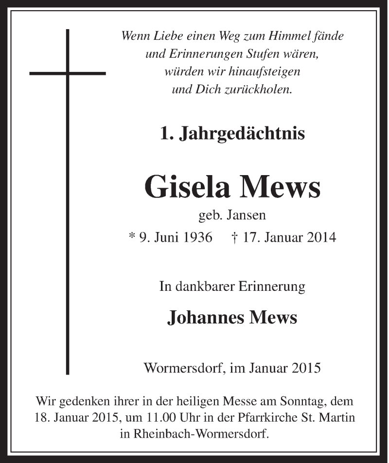  Traueranzeige für Gisela Mews vom 14.01.2015 aus  Schaufenster/Blickpunkt 