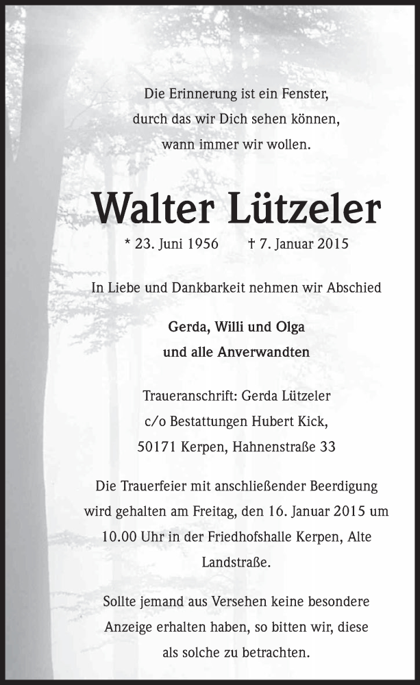  Traueranzeige für Walter Lützeler vom 14.01.2015 aus  Werbepost 