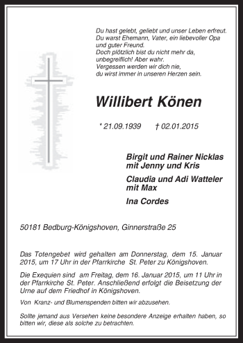 Anzeige von Willibert Könen von  Werbepost 