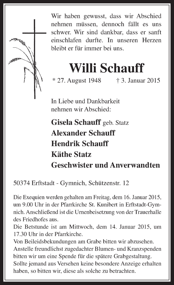  Traueranzeige für Willi Schauff vom 14.01.2015 aus  Werbepost 