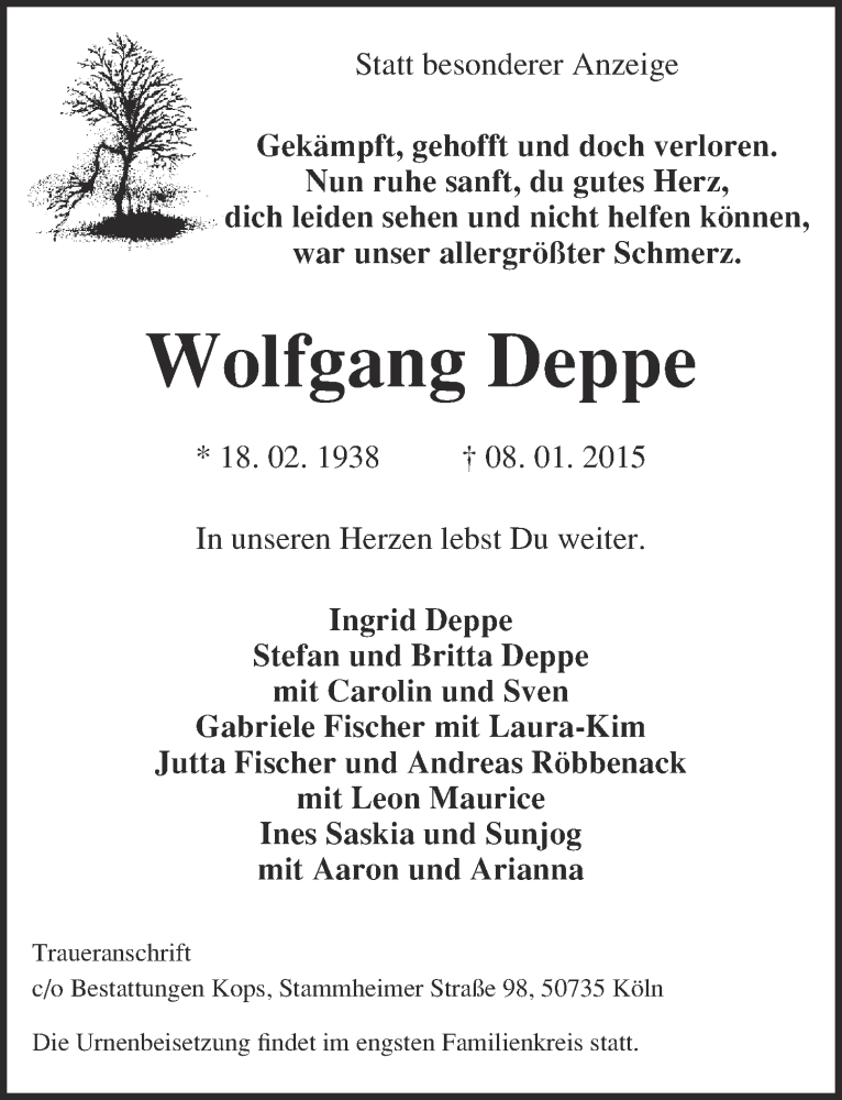  Traueranzeige für Wolfgang Deppe vom 14.01.2015 aus  Bergisches Handelsblatt 