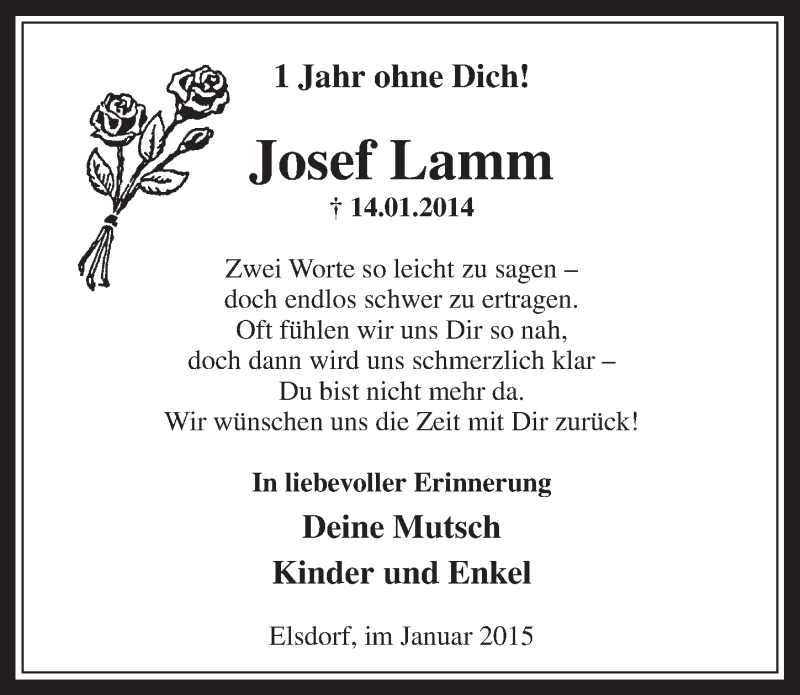  Traueranzeige für Josef Lamm vom 14.01.2015 aus  Werbepost 