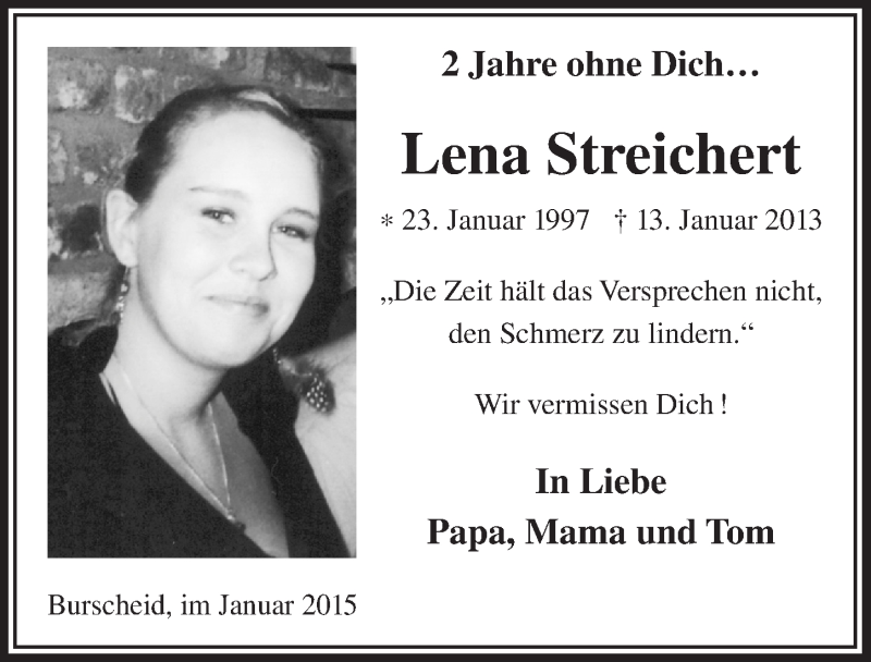  Traueranzeige für Lena Streichert vom 14.01.2015 aus  Lokale Informationen 