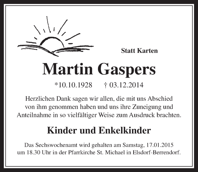  Traueranzeige für Martin Gaspers vom 14.01.2015 aus  Werbepost 