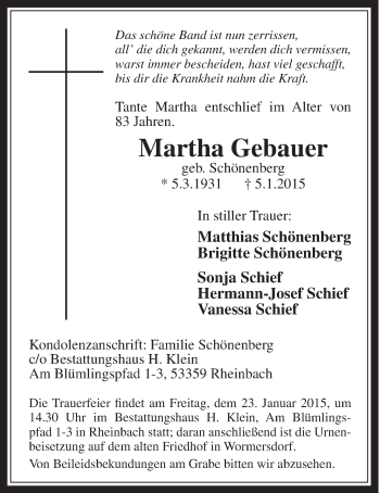 Anzeige von Martha Gebauer von  Schaufenster/Blickpunkt 