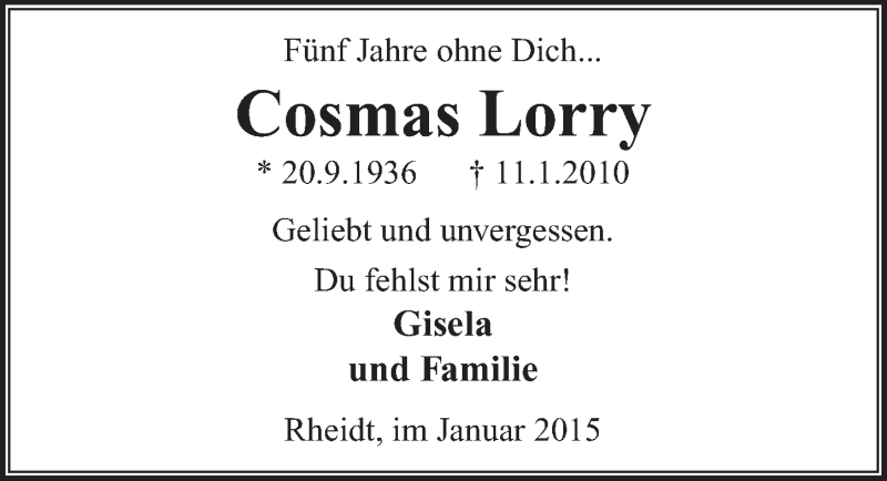 Traueranzeige für Cosmas Lorry vom 14.01.2015 aus  Extra Blatt 