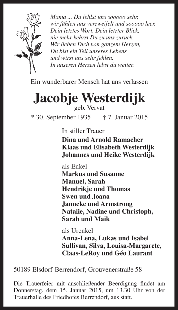  Traueranzeige für Jacobje Westerdijk vom 14.01.2015 aus  Wochenende  Werbepost 