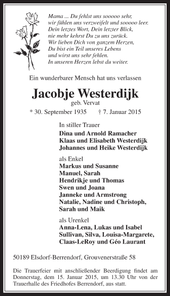 Anzeige von Jacobje Westerdijk von  Wochenende  Werbepost 