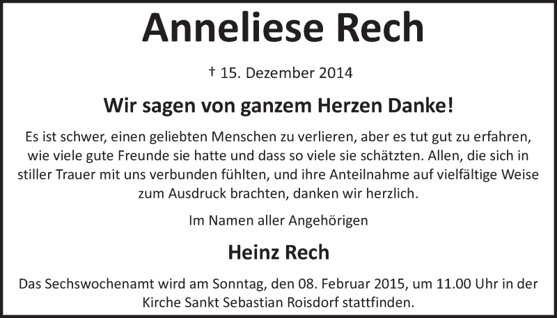  Traueranzeige für Anneliese Rech vom 14.01.2015 aus  Schaufenster/Blickpunkt 