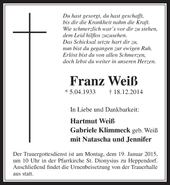 Anzeige von Franz Weiß von  Werbepost 