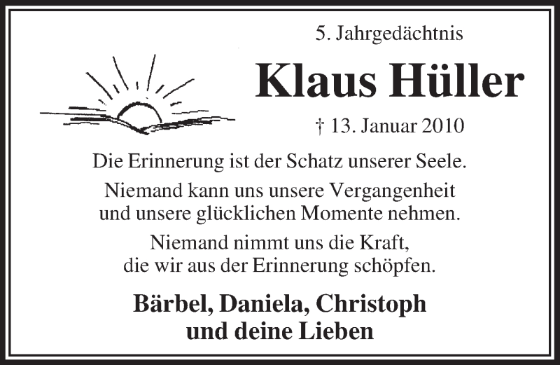  Traueranzeige für Klaus Hüller vom 14.01.2015 aus  Lokalanzeiger 