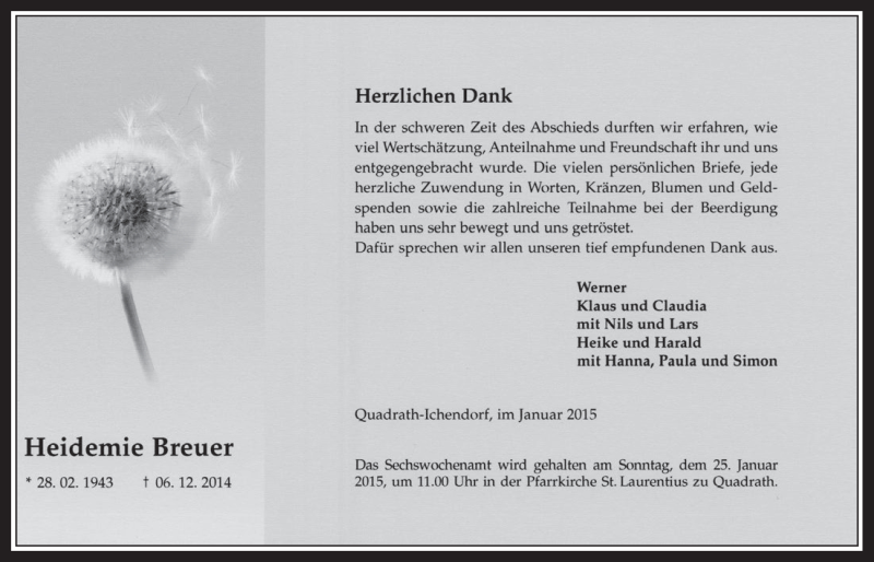  Traueranzeige für Heidemie Breuer vom 14.01.2015 aus  Werbepost 