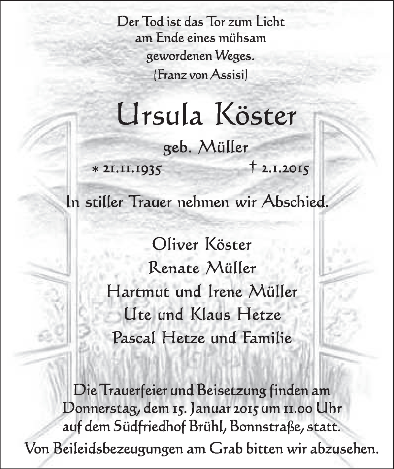  Traueranzeige für Ursula Köster vom 14.01.2015 aus  Schlossbote/Werbekurier 