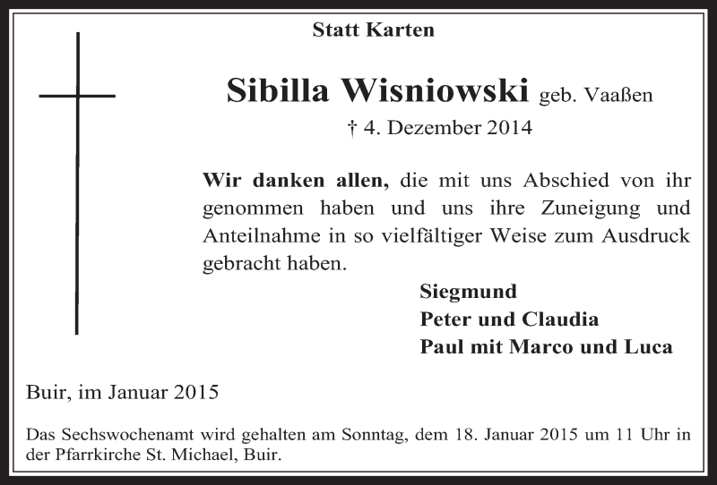  Traueranzeige für Sibilla Wisniowski vom 14.01.2015 aus  Werbepost 