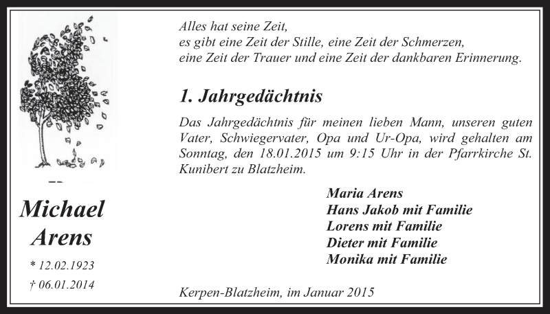  Traueranzeige für Michael Arens vom 14.01.2015 aus  Werbepost 