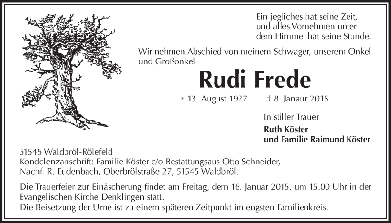  Traueranzeige für Rudi Frede vom 14.01.2015 aus  Lokalanzeiger 