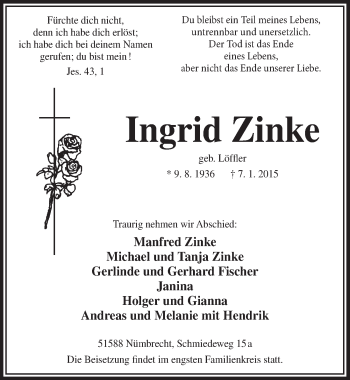 Anzeige von Ingrid Zinke von  Lokalanzeiger 
