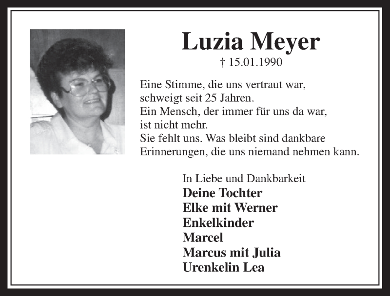  Traueranzeige für Luzia Meyer vom 14.01.2015 aus  Wochenende 