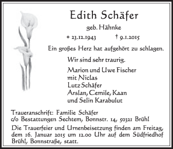 Anzeige von Edith Schäfer von  Schlossbote/Werbekurier 