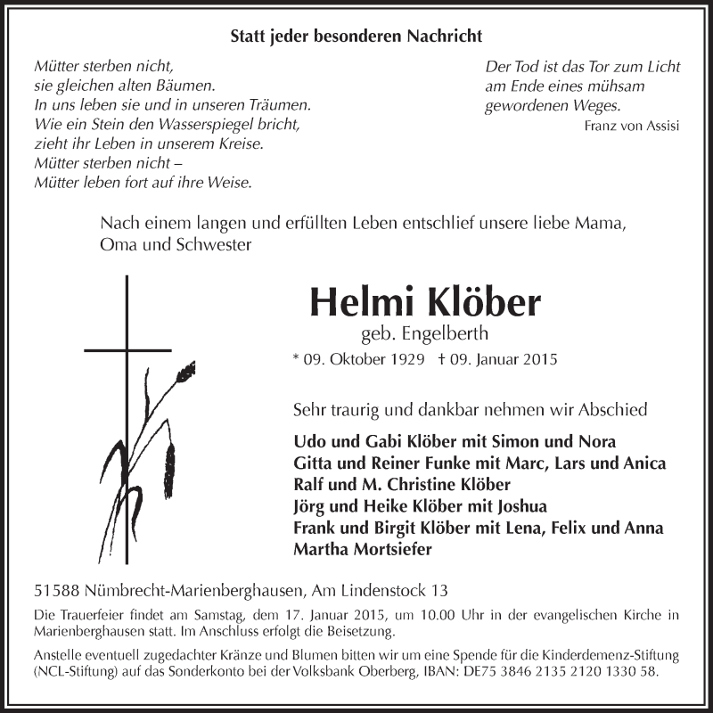  Traueranzeige für Helmi Klöber vom 14.01.2015 aus  Lokalanzeiger 