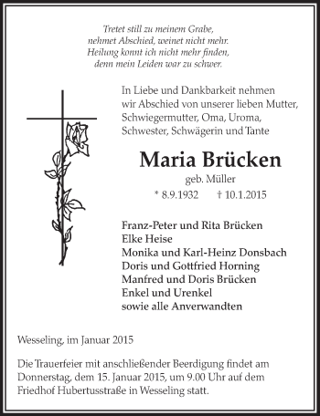 Anzeige von Maria Brücken von  Kölner Wochenspiegel  Schlossbote/Werbekurier 