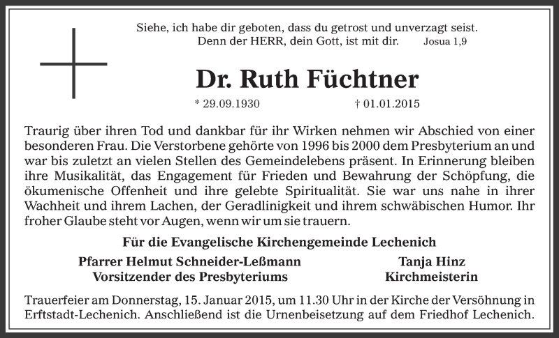  Traueranzeige für Ruth Füchtner vom 14.01.2015 aus  Werbepost 