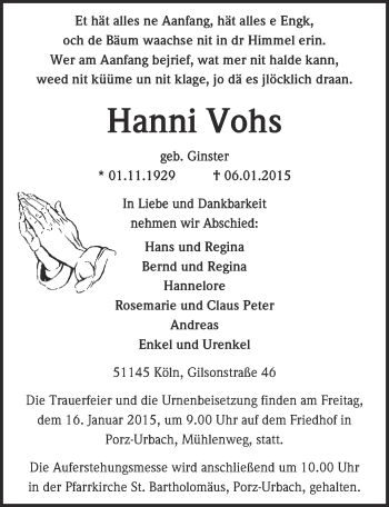 Anzeige von Hanni Vohs von  Kölner Wochenspiegel 