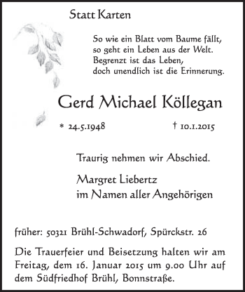 Anzeige von Gerd Michael Köllegan von  Schlossbote/Werbekurier 
