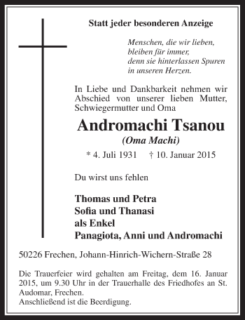 Anzeige von Andromachi Tsanou von  Wochenende 
