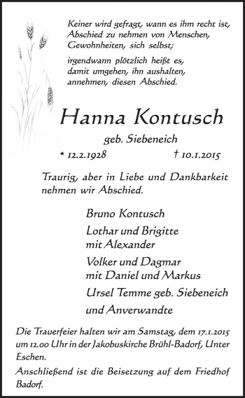 Anzeige von Hanna Kontusch von  Schlossbote/Werbekurier 