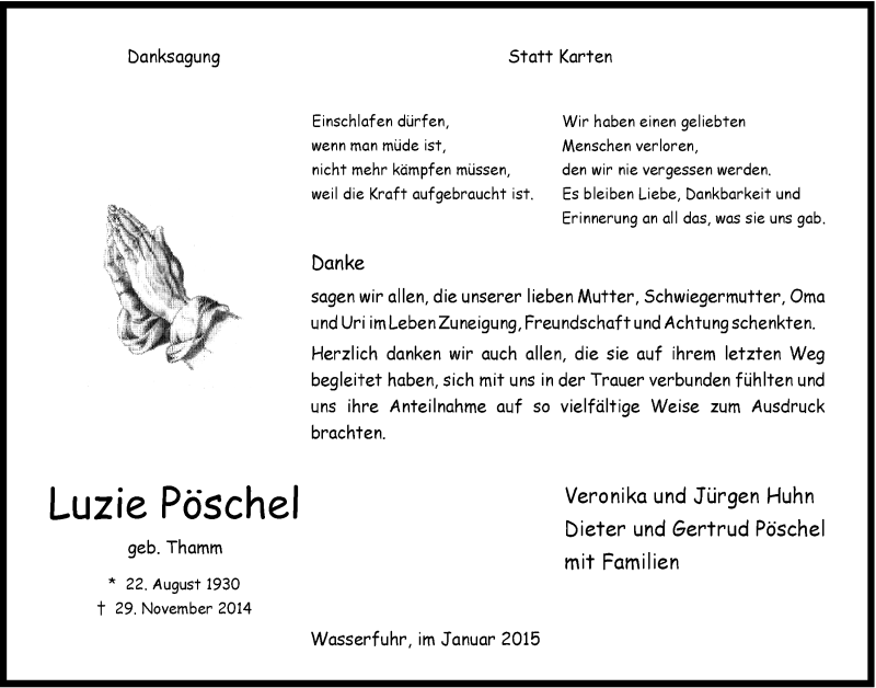  Traueranzeige für Luzie Pöschel vom 14.01.2015 aus  Anzeigen Echo 