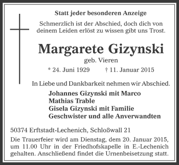 Anzeige von Margarete Gizynski von  Werbepost 