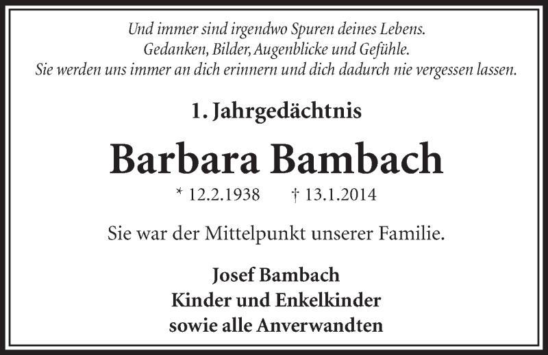  Traueranzeige für Barbara Bambach vom 14.01.2015 aus  Schlossbote/Werbekurier 