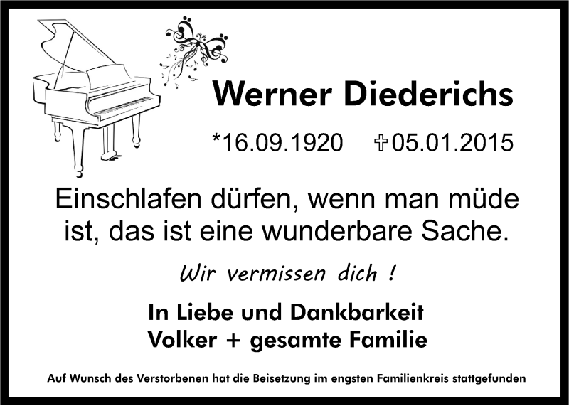  Traueranzeige für Werner Diederichs vom 14.01.2015 aus  Lokale Informationen 