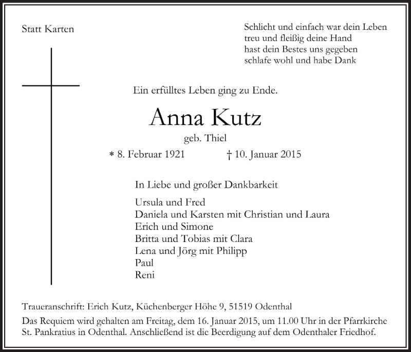  Traueranzeige für Anna Kutz vom 14.01.2015 aus  Bergisches Handelsblatt 