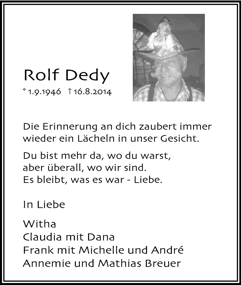  Traueranzeige für Rolf Dedy vom 15.08.2015 aus Kölner Stadt-Anzeiger / Kölnische Rundschau / Express