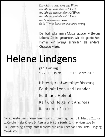 Anzeige von Helene Lindgens von  Kölner Wochenspiegel 