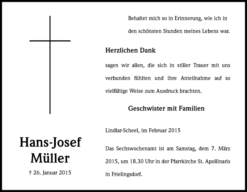  Traueranzeige für Hans-Josef Müller vom 28.02.2015 aus Kölner Stadt-Anzeiger / Kölnische Rundschau / Express