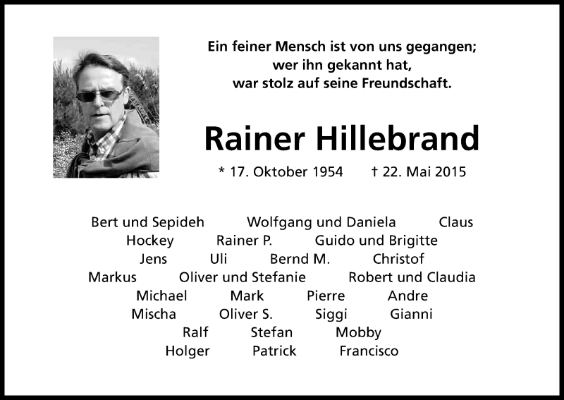  Traueranzeige für Rainer Hillebrand vom 06.06.2015 aus Kölner Stadt-Anzeiger / Kölnische Rundschau / Express