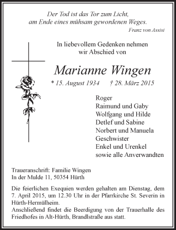 Anzeige von Marianne Wingen von  Sonntags-Post 