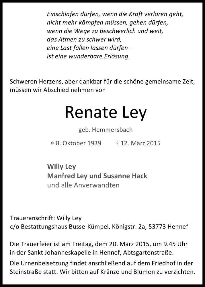  Traueranzeige für Renate Ley vom 14.03.2015 aus Kölner Stadt-Anzeiger / Kölnische Rundschau / Express