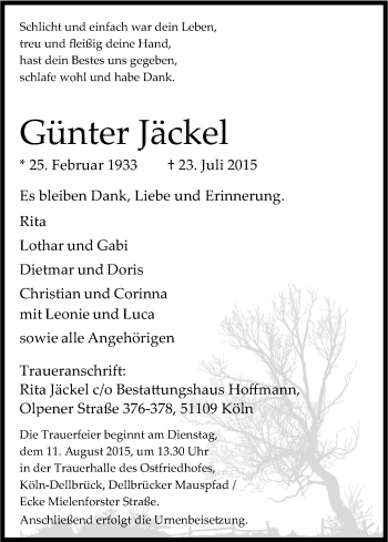 Anzeige von Günter Jäckel von Kölner Stadt-Anzeiger / Kölnische Rundschau / Express