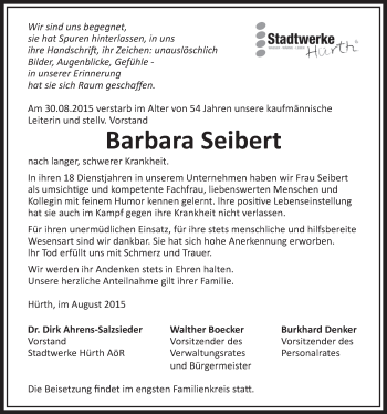 Anzeige von Barbara Seibert von  Sonntags-Post 